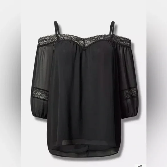 Torrid Elegant Women's Chiffon Black Off-Shoulder 3/4 Sleeve Lace Top Blouse, NW - Picture 3 of 13